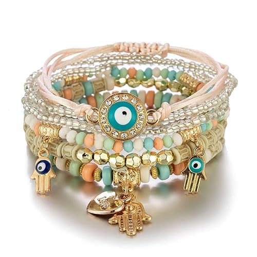 Shining Diva Fashion Bohemian Stackable Multilayer Hamsa Hand Evil Eye Lucky Protection Bracelets Multicolor Crystal Charm Beaded Bracelet for Women Girls